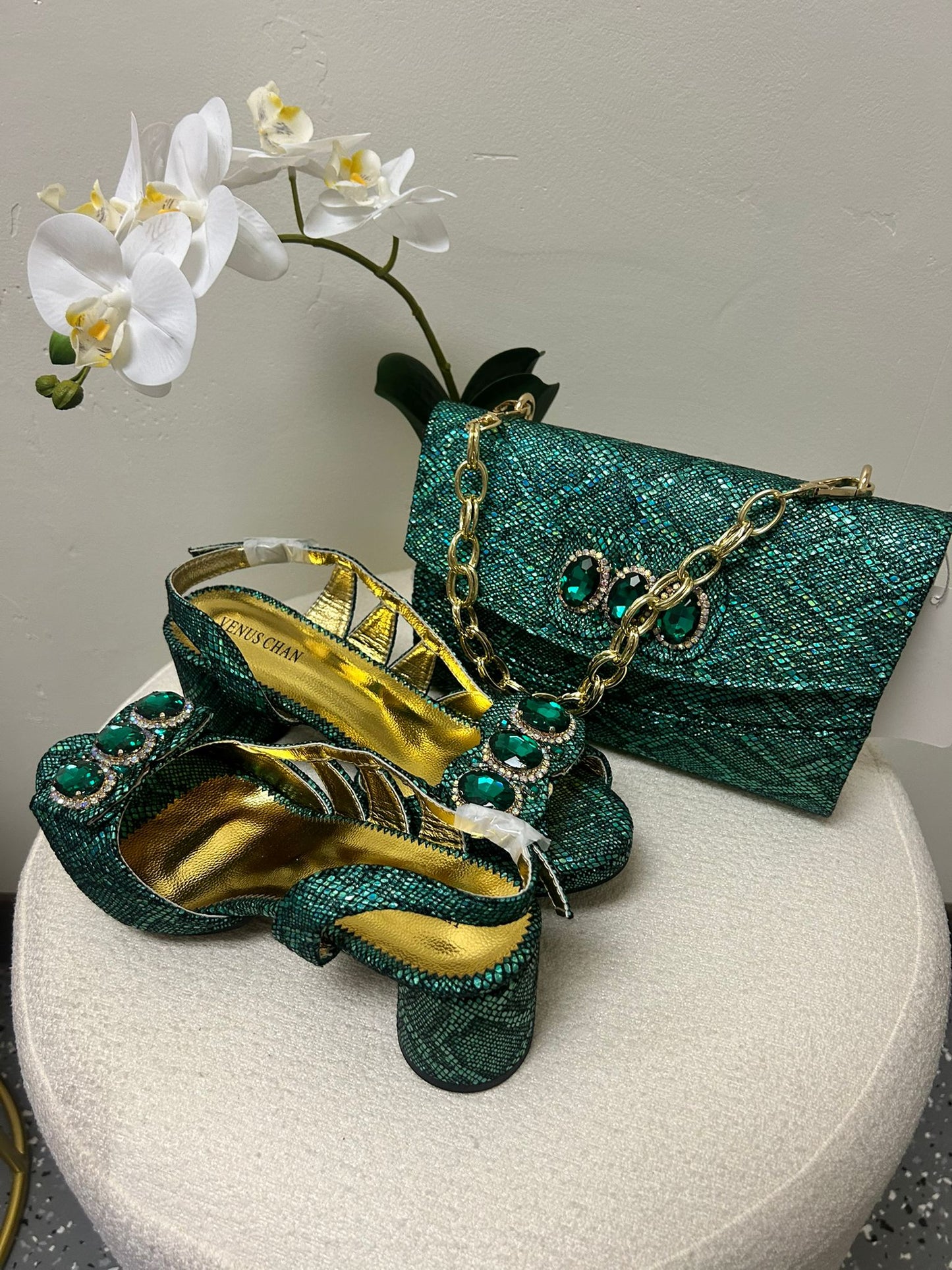 Green Jeweled Shoes & Bag