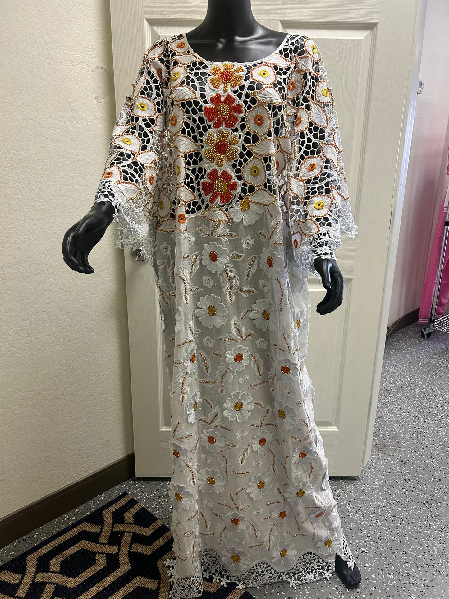 White & Floral Dress With Beaded Accents