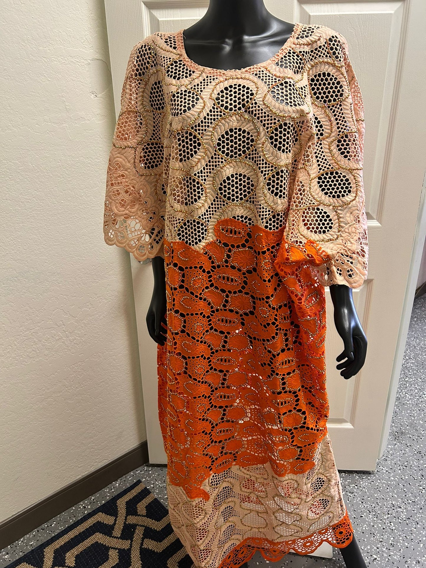 Orange & Cream Lace Dress With Beaded Accents