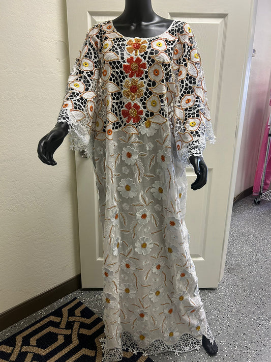 White & Floral Dress With Beaded Accents