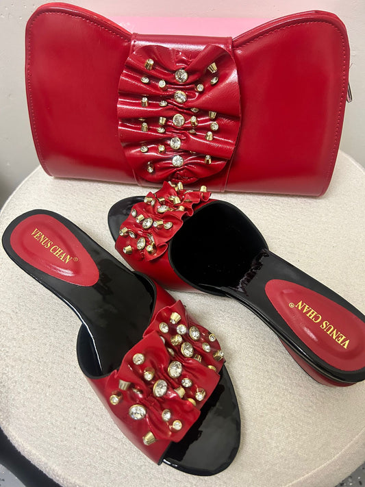 Red Ribbon Bag & Sandal With Simple Stones