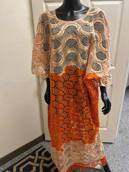 Orange & Cream Lace Dress With Beaded Accents