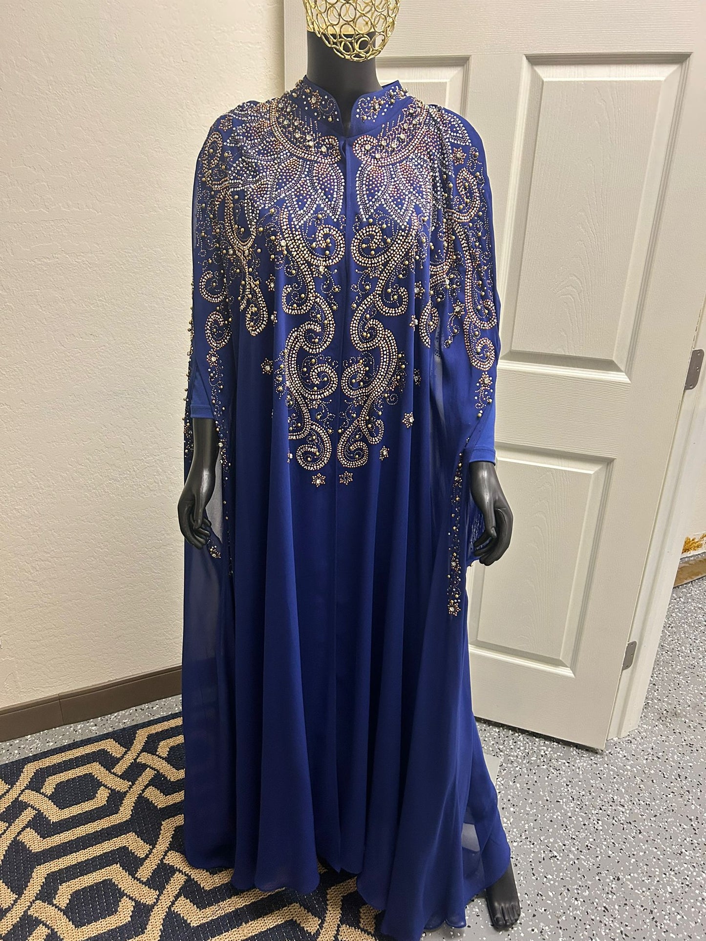 Formal Blue Gown With Intricate Gold Beading