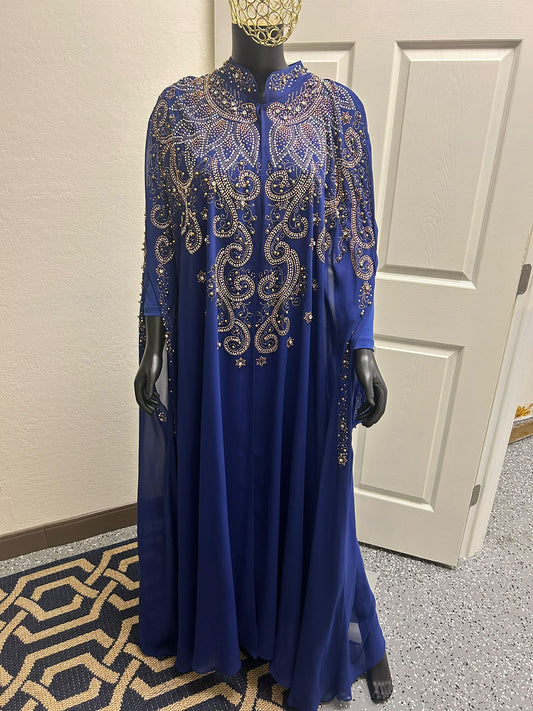 Formal Blue Gown With Intricate Gold Beading